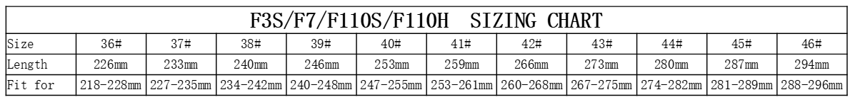 F3S/F7/F110S/F110H sizing chart